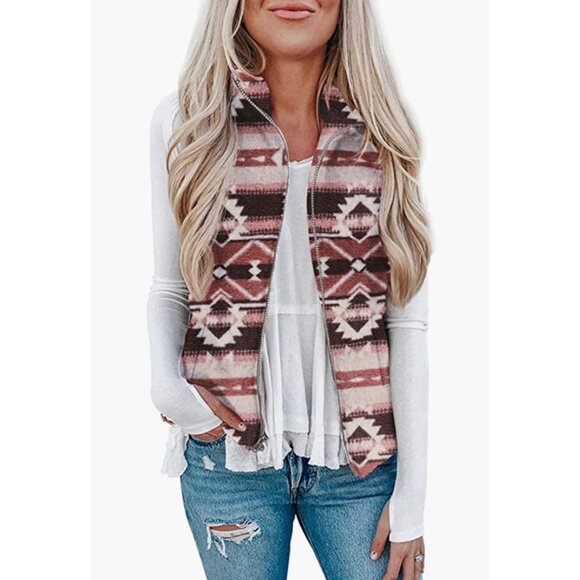Pink Tribal Aztec Print Faux Sherpa Fur‎ Zip Up Sleeveless Vest Cardigan Sweater - Picture 6 of 7